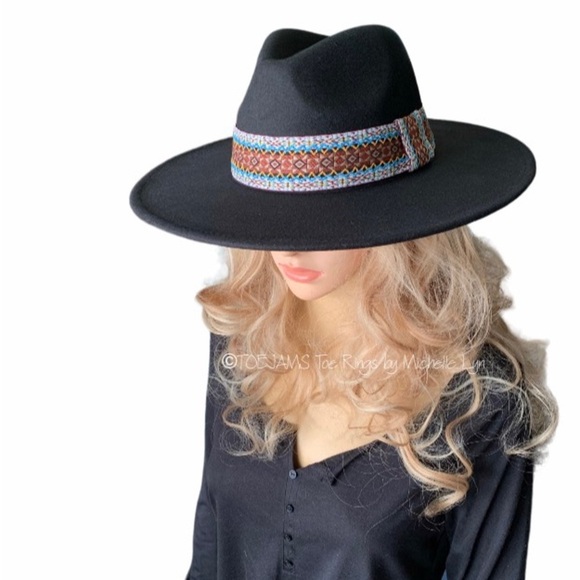 HAT Black Fedora Felt Hat Attached Tribal Print Hat Band New Cowboy Western … - Picture 2 of 4